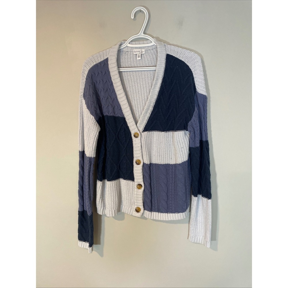 Olivia Sky Womens Colorblock Cable Knit Cardigan Sweater Blue White S Patchwork